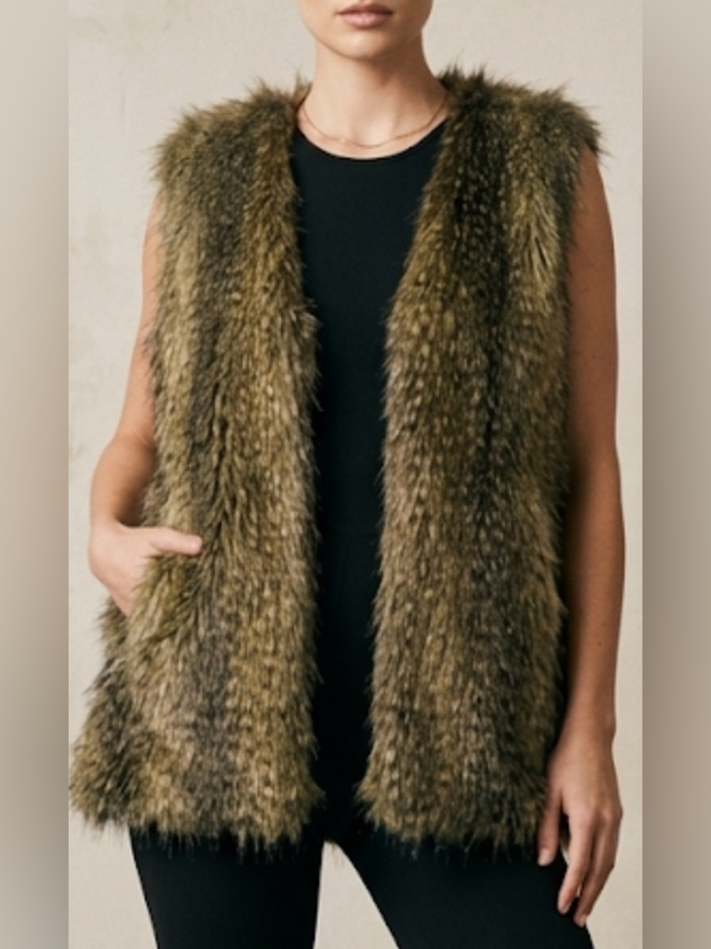 Via Spiga Faux Fur Vest L Open Front Sleeveless Pockets Lined Western Boho